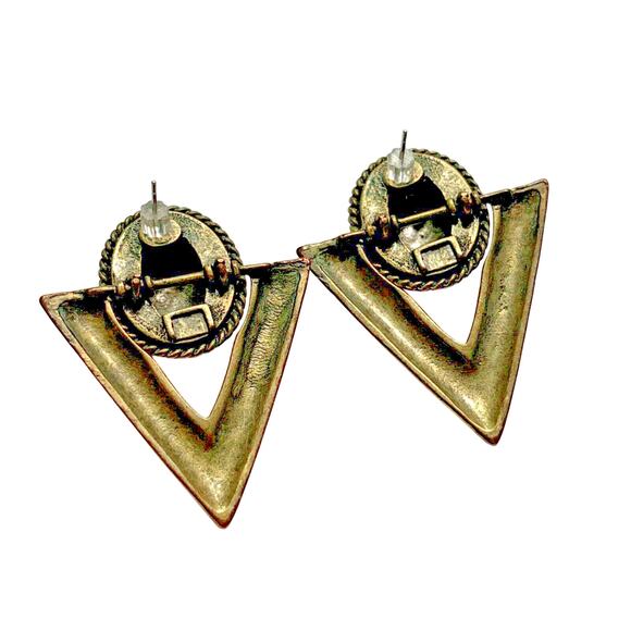 Pierced Earrings Hammered Gold & Black Doorknockers Geometric Mod Vintage 1980s - Picture 4 of 6